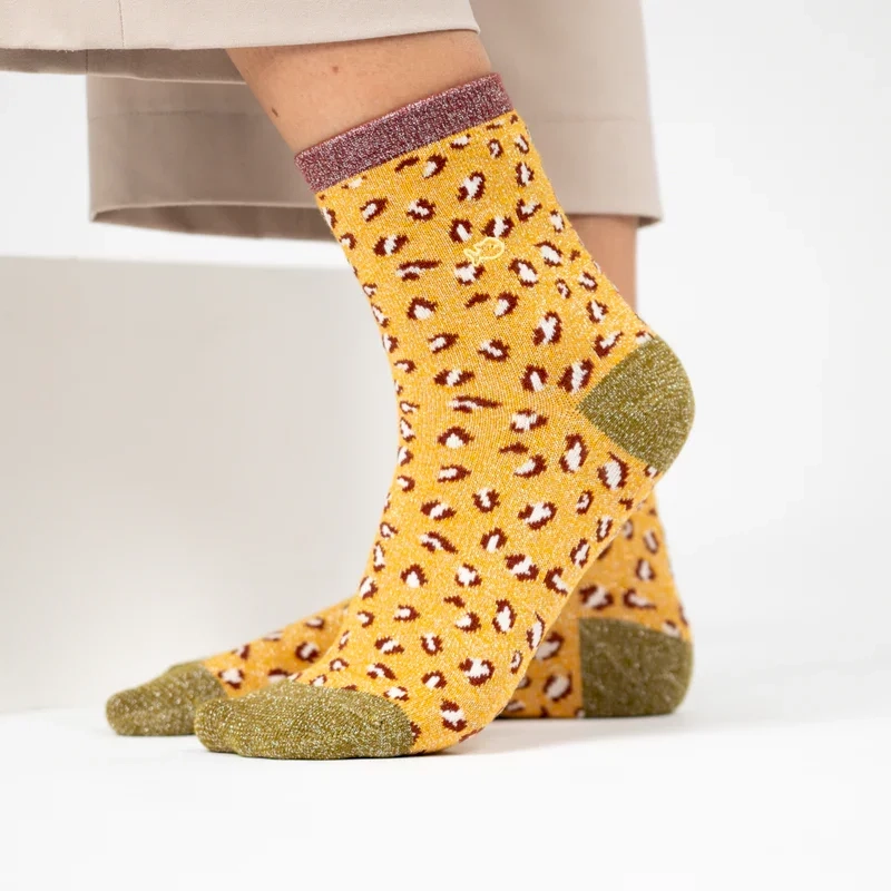 Chaussettes pailletées en coton peigné léopard - Jaune 37-40