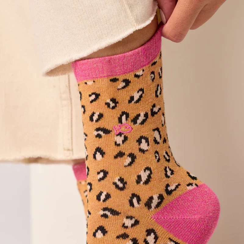 Chaussettes pailletées en coton peigné léopard - Orange 37-40