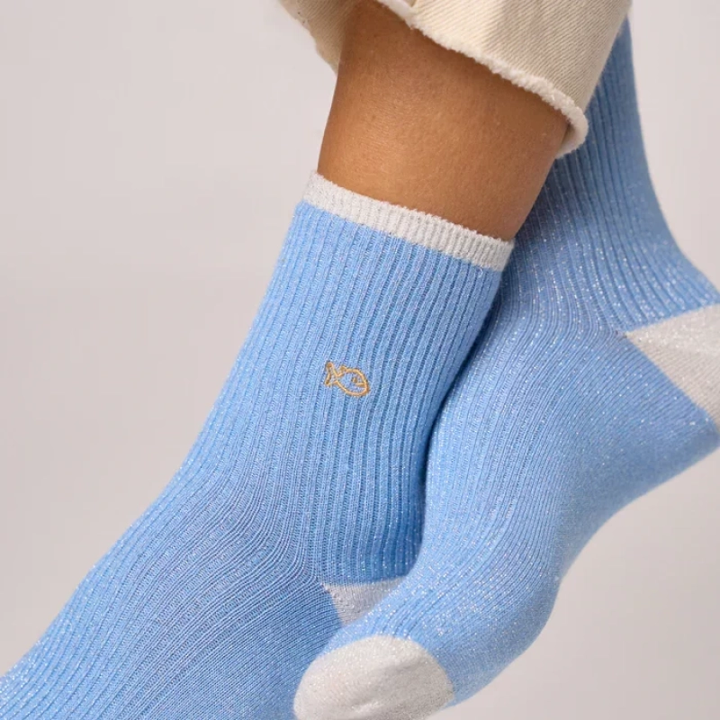 Chaussettes pailletées en coton peigné vintage - Bleu 37-40