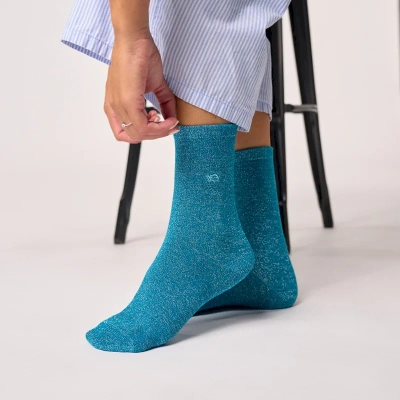 Chaussettes pailletées en coton peigné unies - Bleu canard 37-40