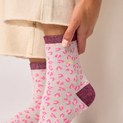 Chaussettes pailletées en coton peigné léopard - Blanc et lie de vin 37-40
