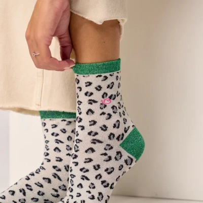 Chaussettes pailletées en coton peigné léopard - Blanc et vert 37-40