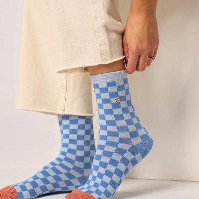 Chaussettes en coton peigné à carreaux - Bleu clair 37-40