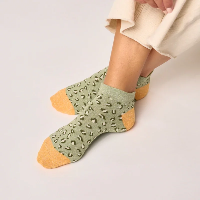 Socquettes pailletées en coton peigné léopard - Vert clair 37-40