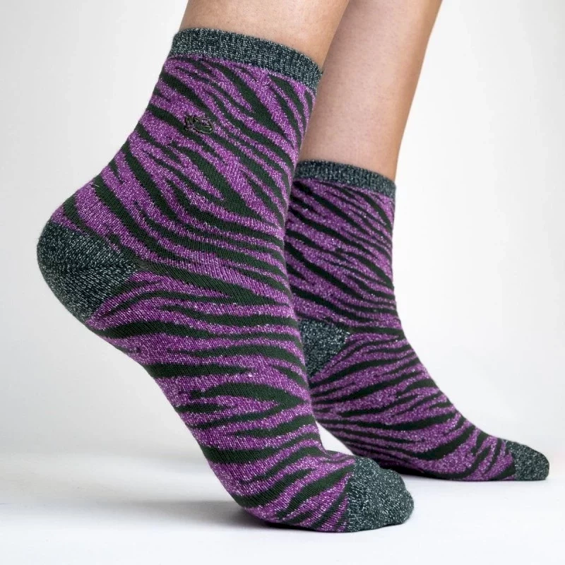 CHAUSSETTES PAILLETÉES EN COTON PEIGNÉ ZÈBRE - VIOLET ET VERT TAILLE 37-40