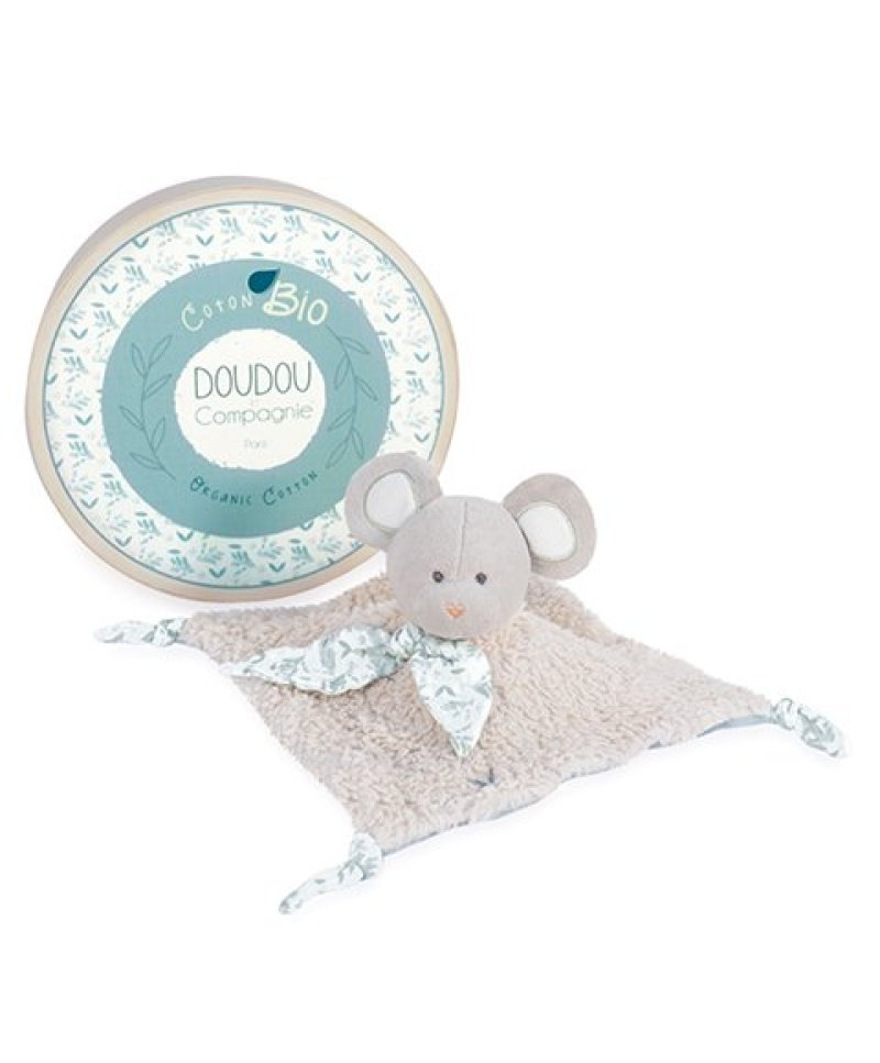 Doudou carré plat Souris grise en coton BIO- 25 cm