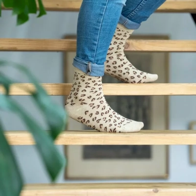 CHAUSSETTES LÉOPARD BEIGE ET DORÉ EN COTON PEIGNÉ Taille 37-40
