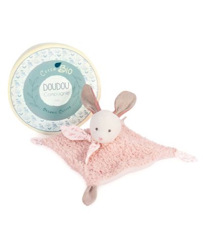 Doudou carré plat lapin rose en coton BIO - 25 cm