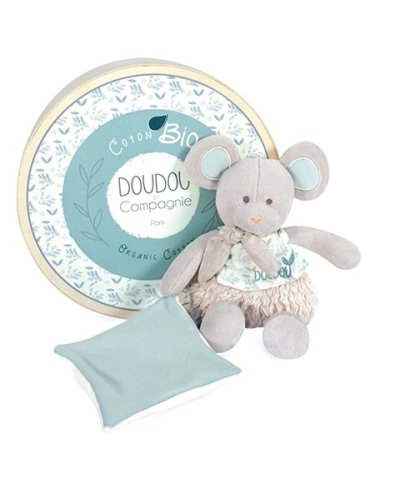 Souris en peluche grise avec mouchoir vert en coton BIO - 22 cm